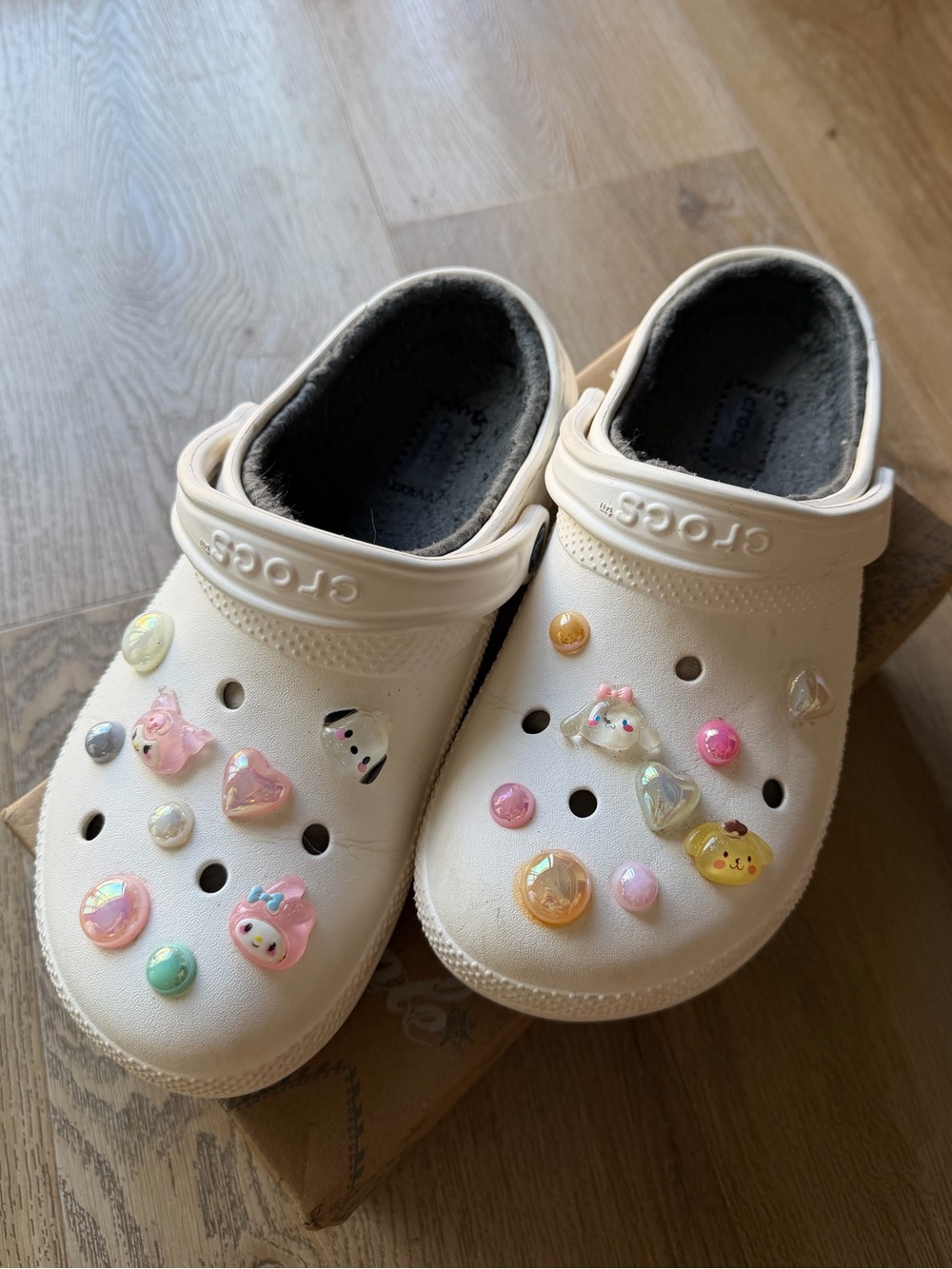 White Fur Lined Crocs W/ Hello Kitty Charms